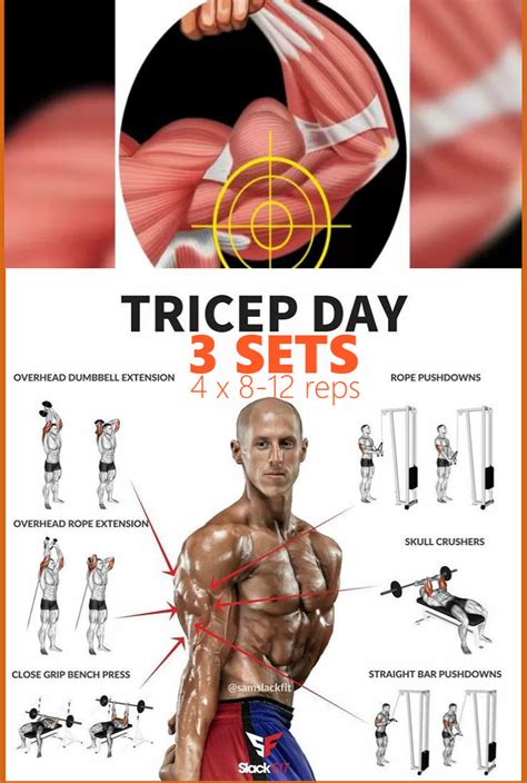 Sets: 3. Reps: 10/6/4 — to failure. 2. Tricep Dips. Tricep dips are another heavy-weight, multi-joint exercise to fit into the start of your workout. For this particular exercise, you’ll do a triple set with dropped weights. Start with weighted dips, then use your body weight, and finally assisted dips with bands.